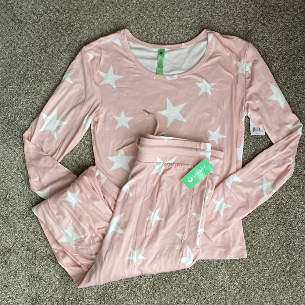 Honeydew pink with white stars Pajama Jogger set- size small